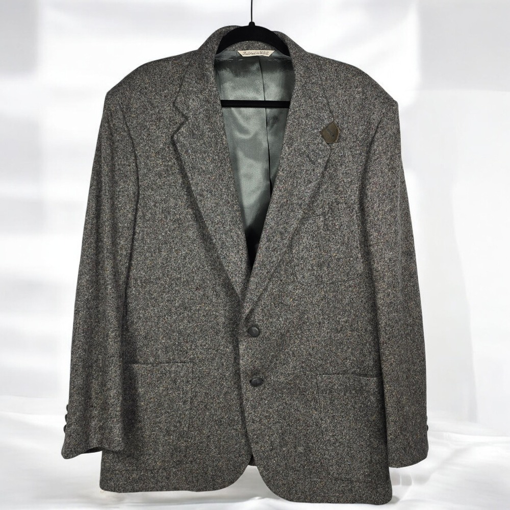 Stafford Tweed Blazer Jacket‎ Men 46R Gray Sport Coat Riding Elbow Patches USA